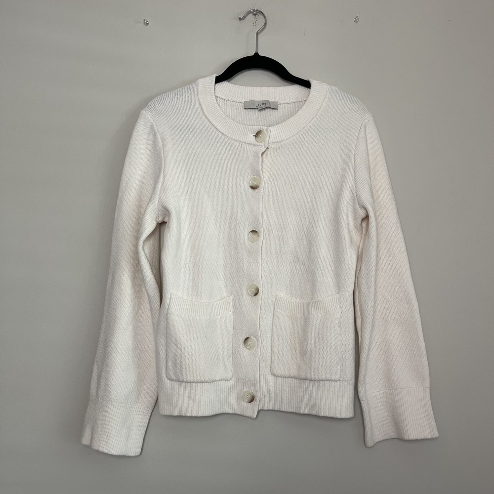 LOFT Cream Button Front Soft Knit Grandpa Coastal Grandma Cardigan Sweater M